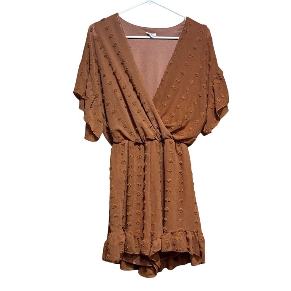 Peach Love Women's Rust Faux Wrap Flutter Sleeve Swiss Dot Mini Dress Size M